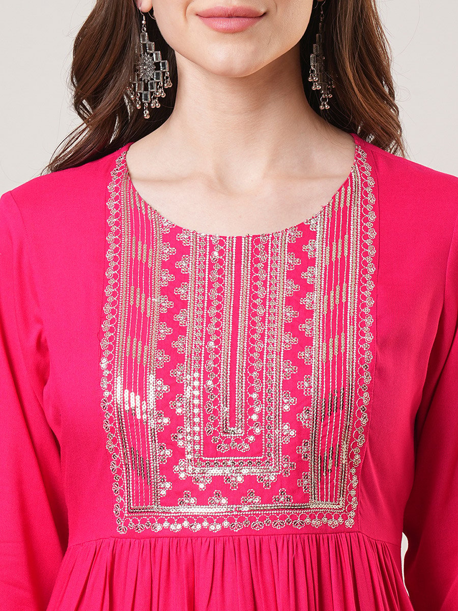 Zari and Sequined Yoke Gathered Kurta with Straight Pants Festive Set