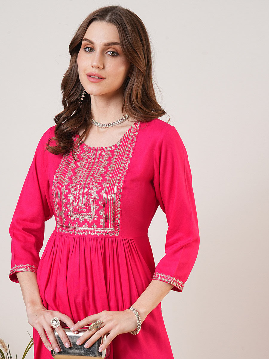 Zari and Sequined Yoke Gathered Kurta with Straight Pants Festive Set