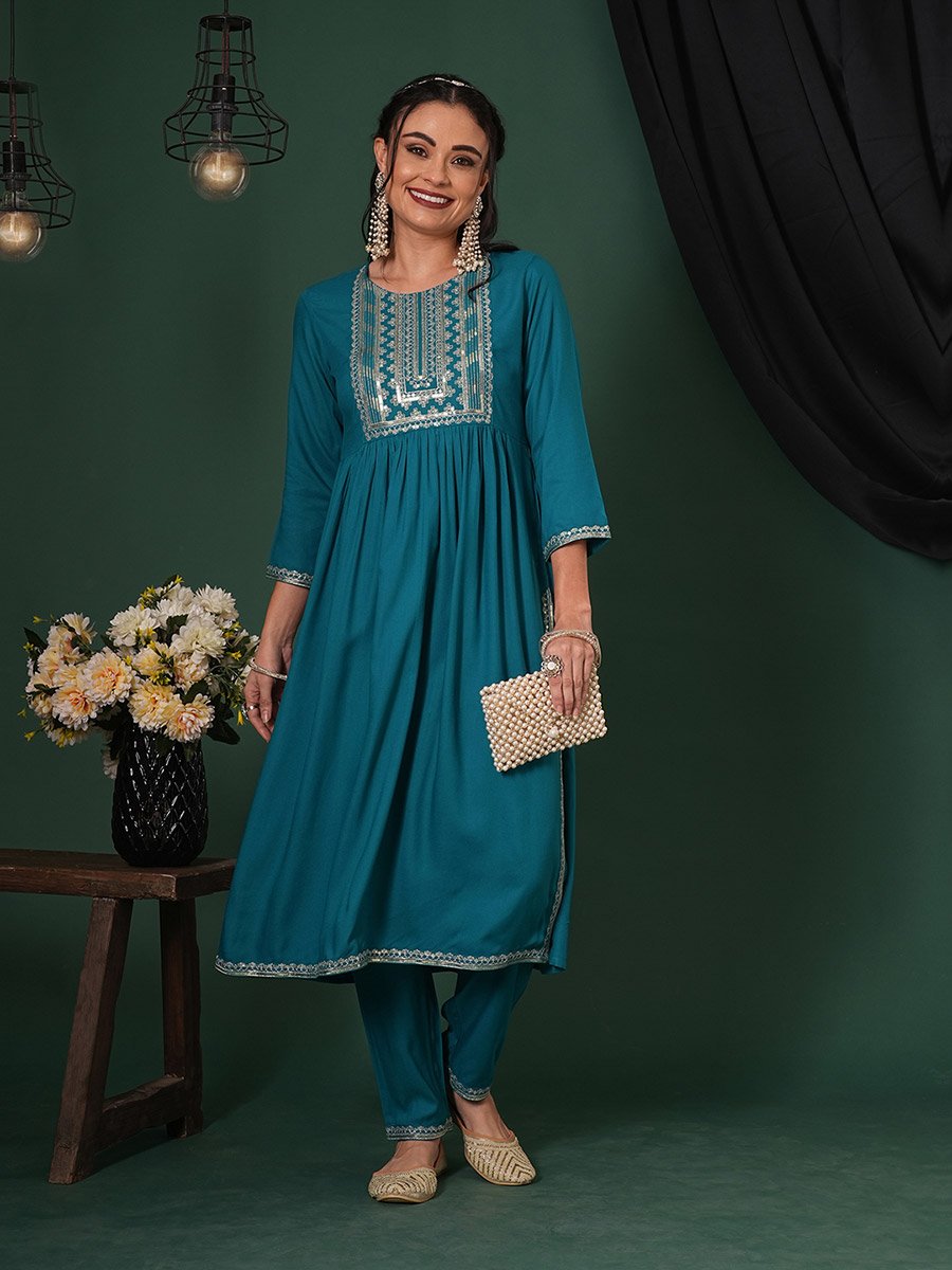 Zari and Sequined Yoke Gathered Kurta with Straight Pants Festive Set
