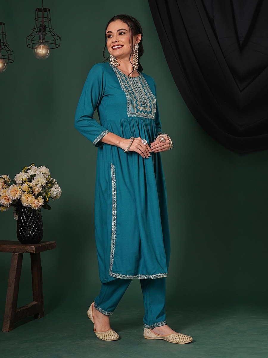 Zari and Sequined Yoke Gathered Kurta with Straight Pants Festive Set