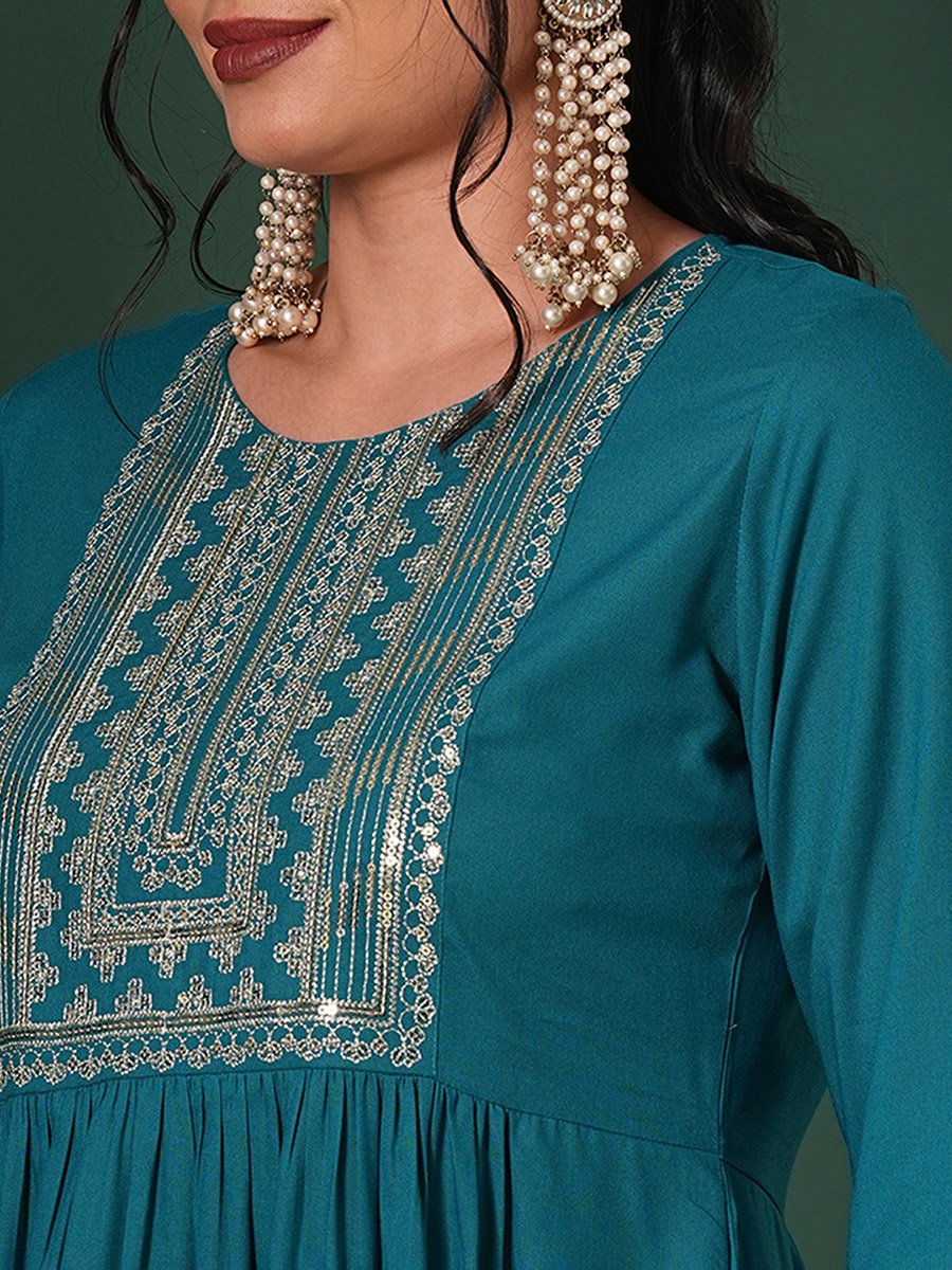 Zari and Sequined Yoke Gathered Kurta with Straight Pants Festive Set