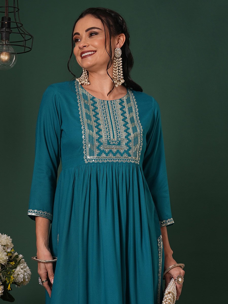 Zari and Sequined Yoke Gathered Kurta with Straight Pants Festive Set