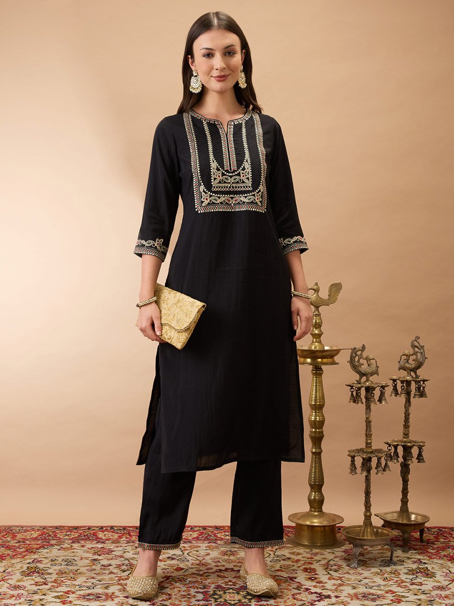 Zari Embroidered Yoke Straight Kurta and Pants Festive Set