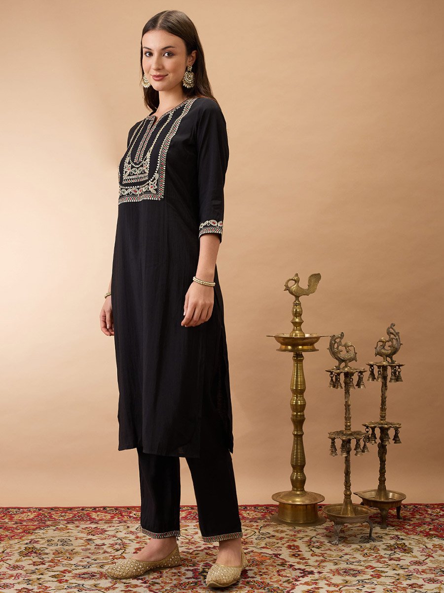Zari Embroidered Yoke Straight Kurta and Pants Festive Set
