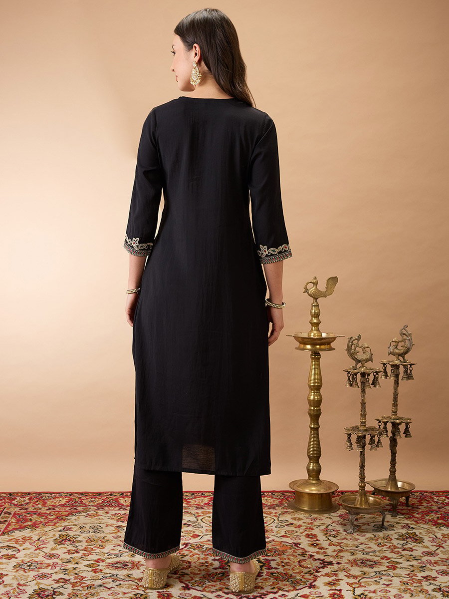 Zari Embroidered Yoke Straight Kurta and Pants Festive Set