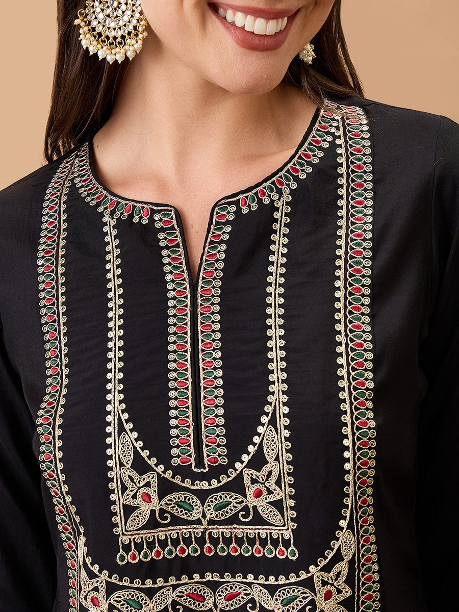 Zari Embroidered Yoke Straight Kurta and Pants Festive Set