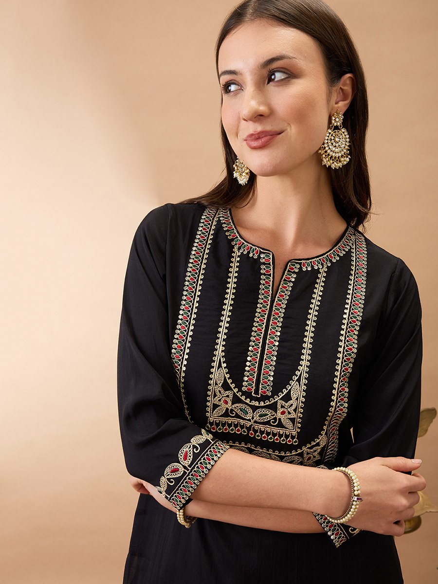 Zari Embroidered Yoke Straight Kurta and Pants Festive Set
