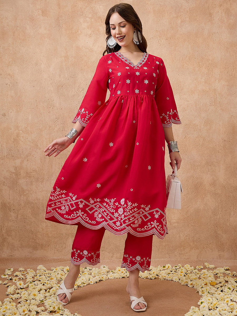 Embroidered V Neck Scalloped Hem Kurta and Pants Festive Set