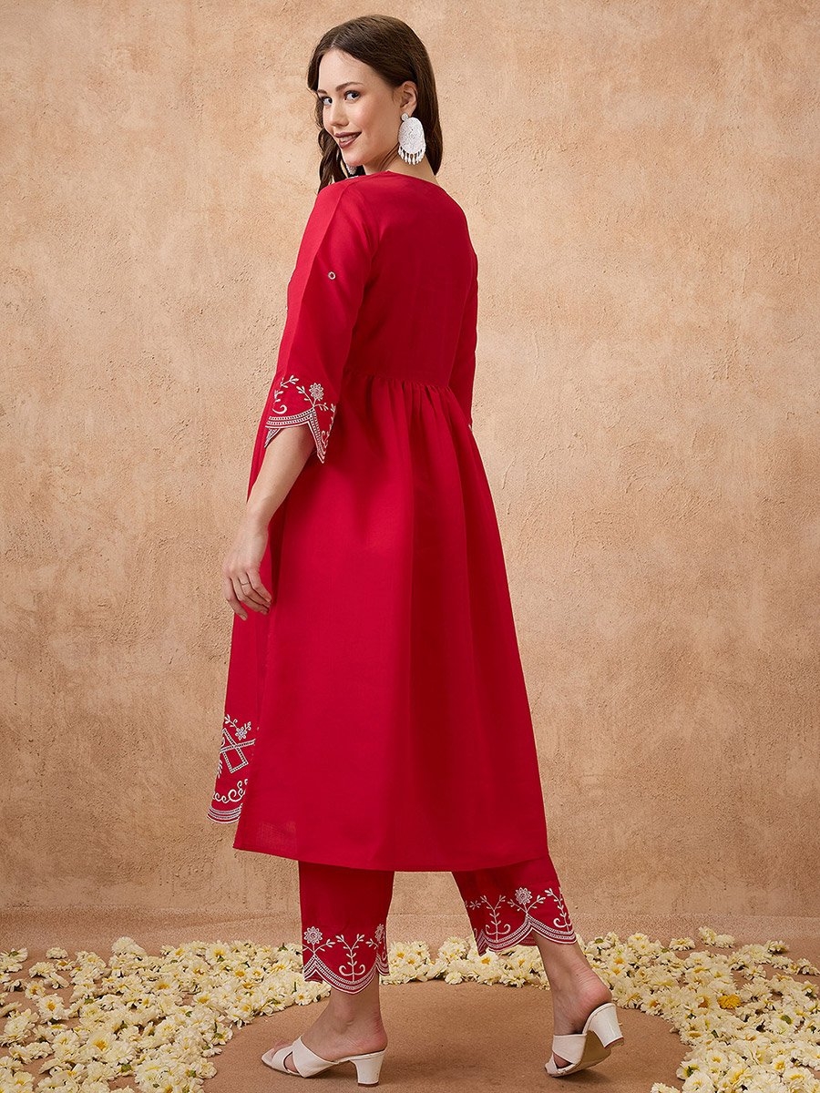 Embroidered V Neck Scalloped Hem Kurta and Pants Festive Set