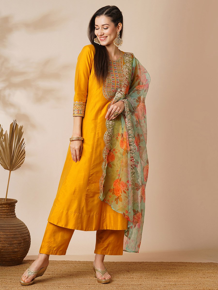 Embroidered Yoke Paneled Anarkali Kurta, Pants and Organza Dupatta Festive Set