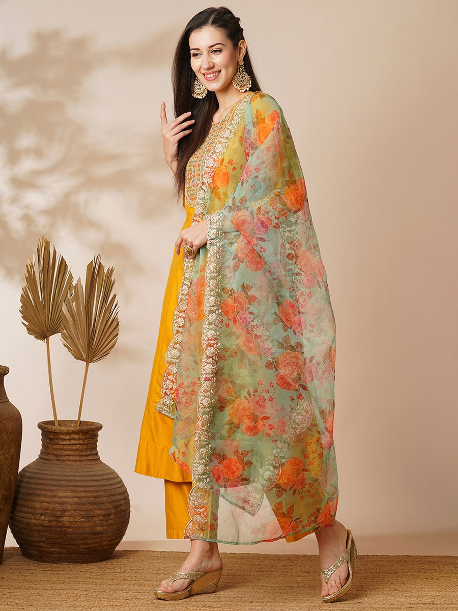 Embroidered Yoke Paneled Anarkali Kurta, Pants and Organza Dupatta Festive Set