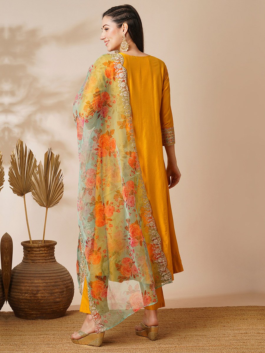 Embroidered Yoke Paneled Anarkali Kurta, Pants and Organza Dupatta Festive Set