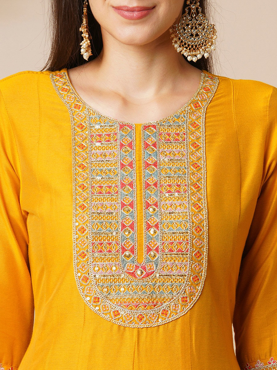 Embroidered Yoke Paneled Anarkali Kurta, Pants and Organza Dupatta Festive Set