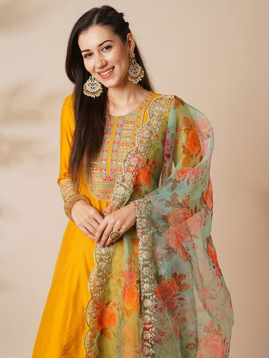 Embroidered Yoke Paneled Anarkali Kurta, Pants and Organza Dupatta Festive Set