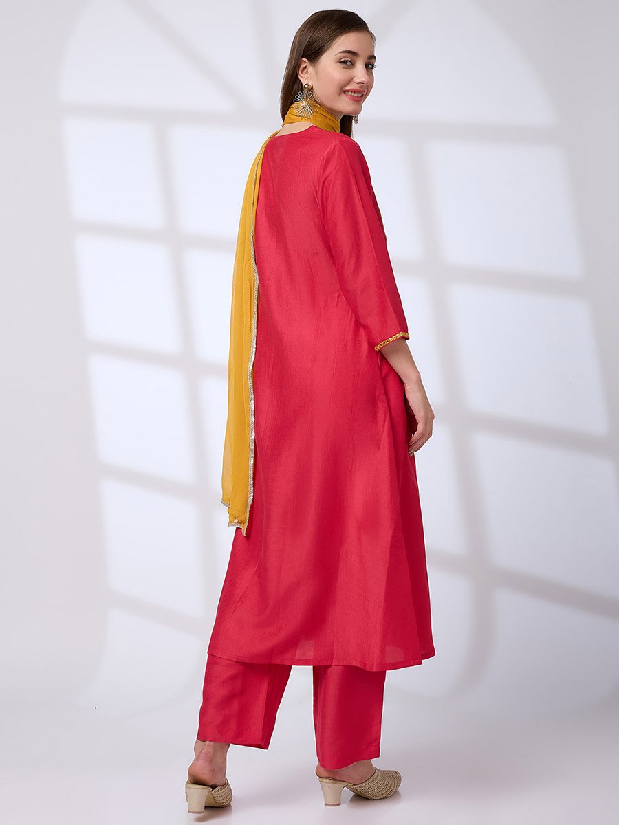 Mirror Work Pleated A-Line Kurta, Pants and Sequined Taping Dupatta Festive Set
