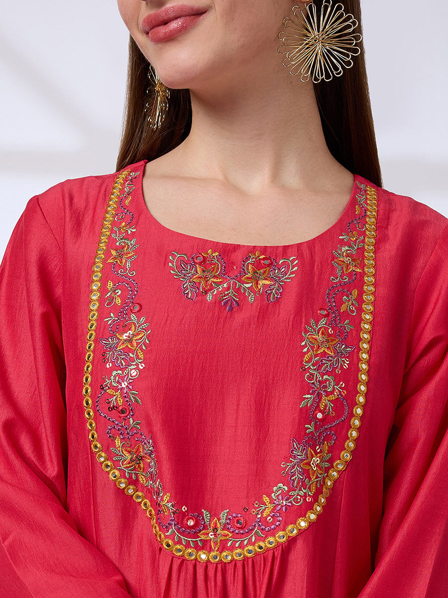 Mirror Work Pleated A-Line Kurta, Pants and Sequined Taping Dupatta Festive Set
