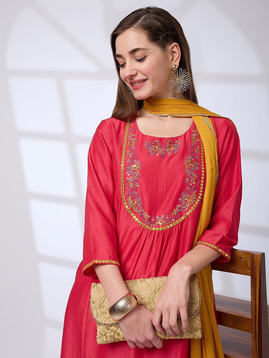 Mirror Work Pleated A-Line Kurta, Pants and Sequined Taping Dupatta Festive Set