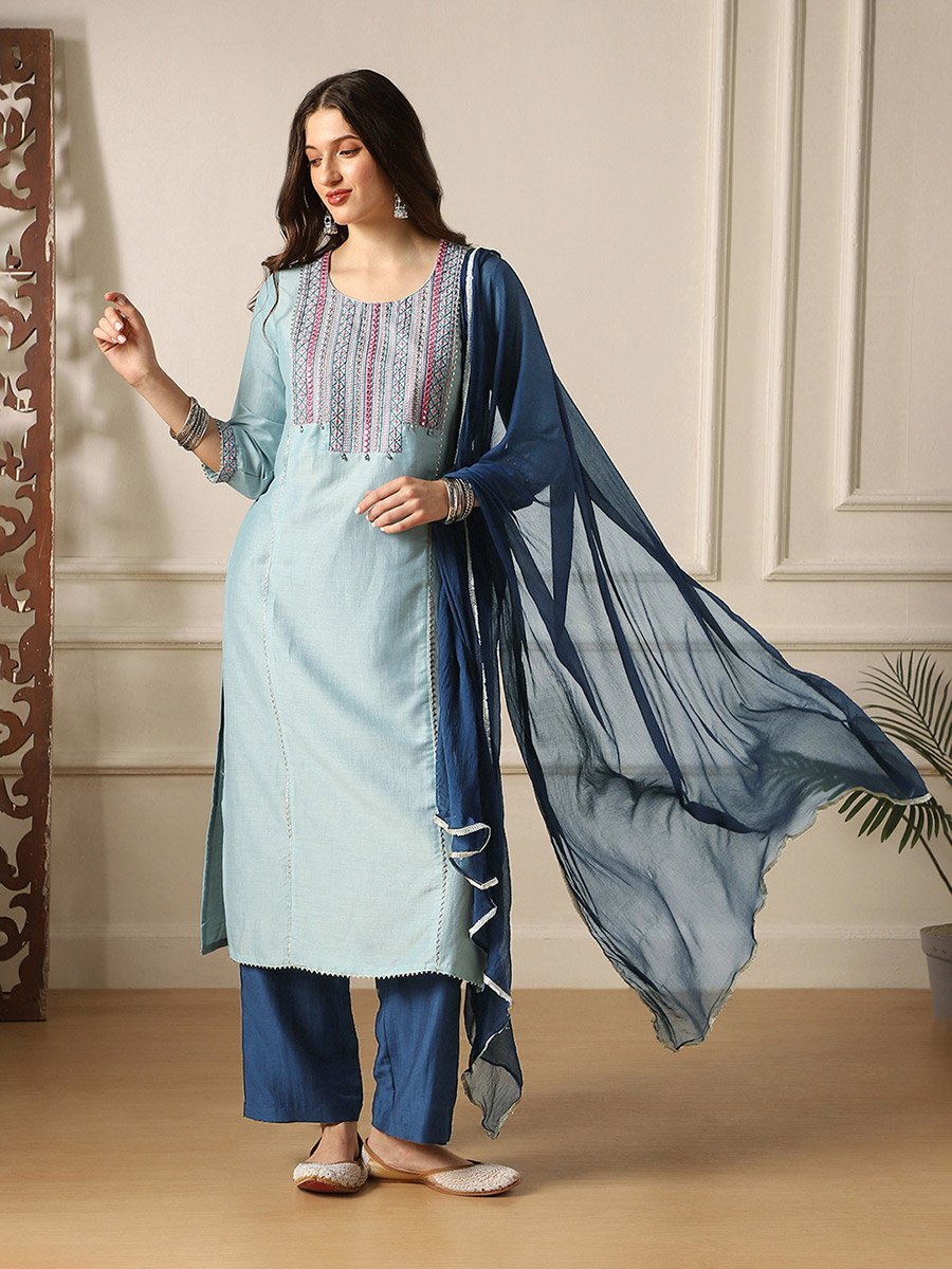 Embroidered Yoke Straight Kurta, Pants and Dupatta Festive Set