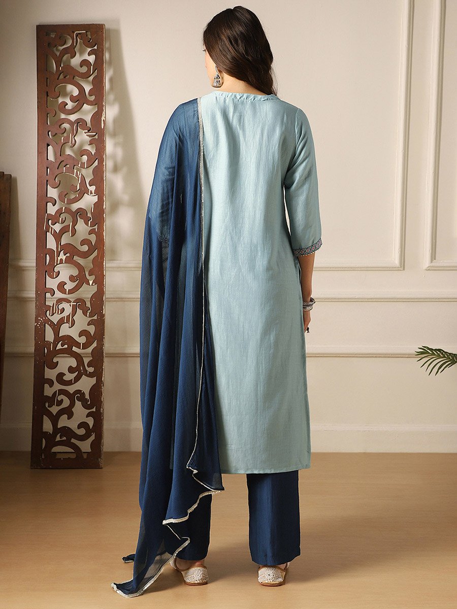 Embroidered Yoke Straight Kurta, Pants and Dupatta Festive Set