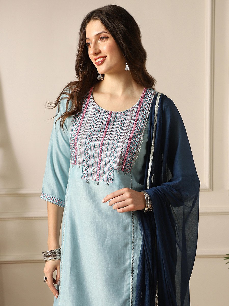 Embroidered Yoke Straight Kurta, Pants and Dupatta Festive Set