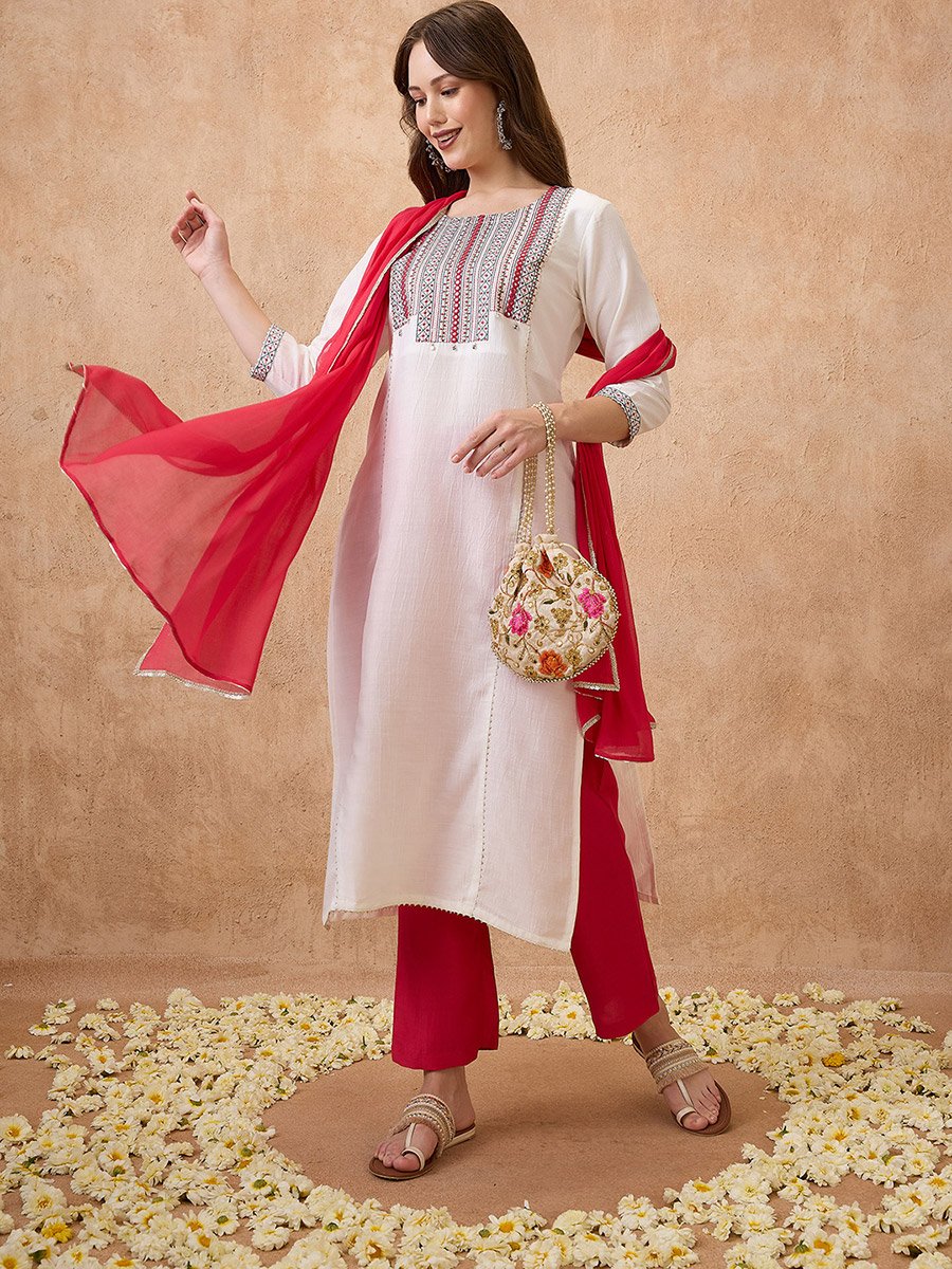 Embroidered Yoke Straight Kurta, Pants and Dupatta Ethnic Set