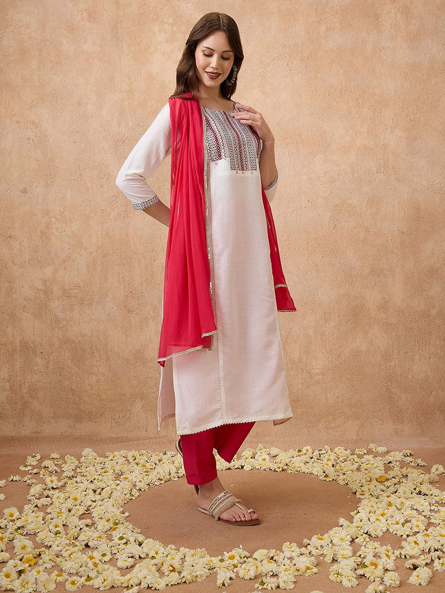 Embroidered Yoke Straight Kurta, Pants and Dupatta Ethnic Set