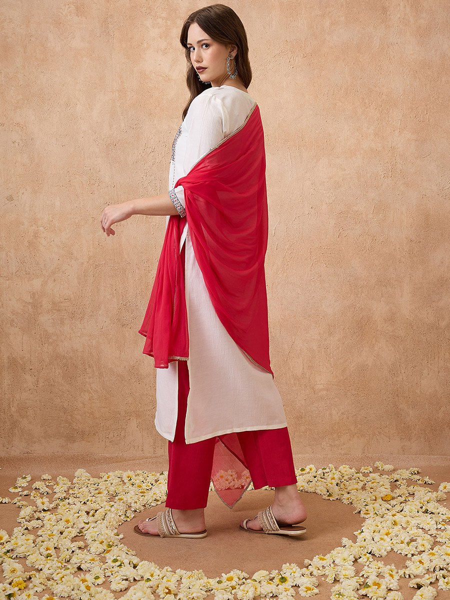 Embroidered Yoke Straight Kurta, Pants and Dupatta Ethnic Set