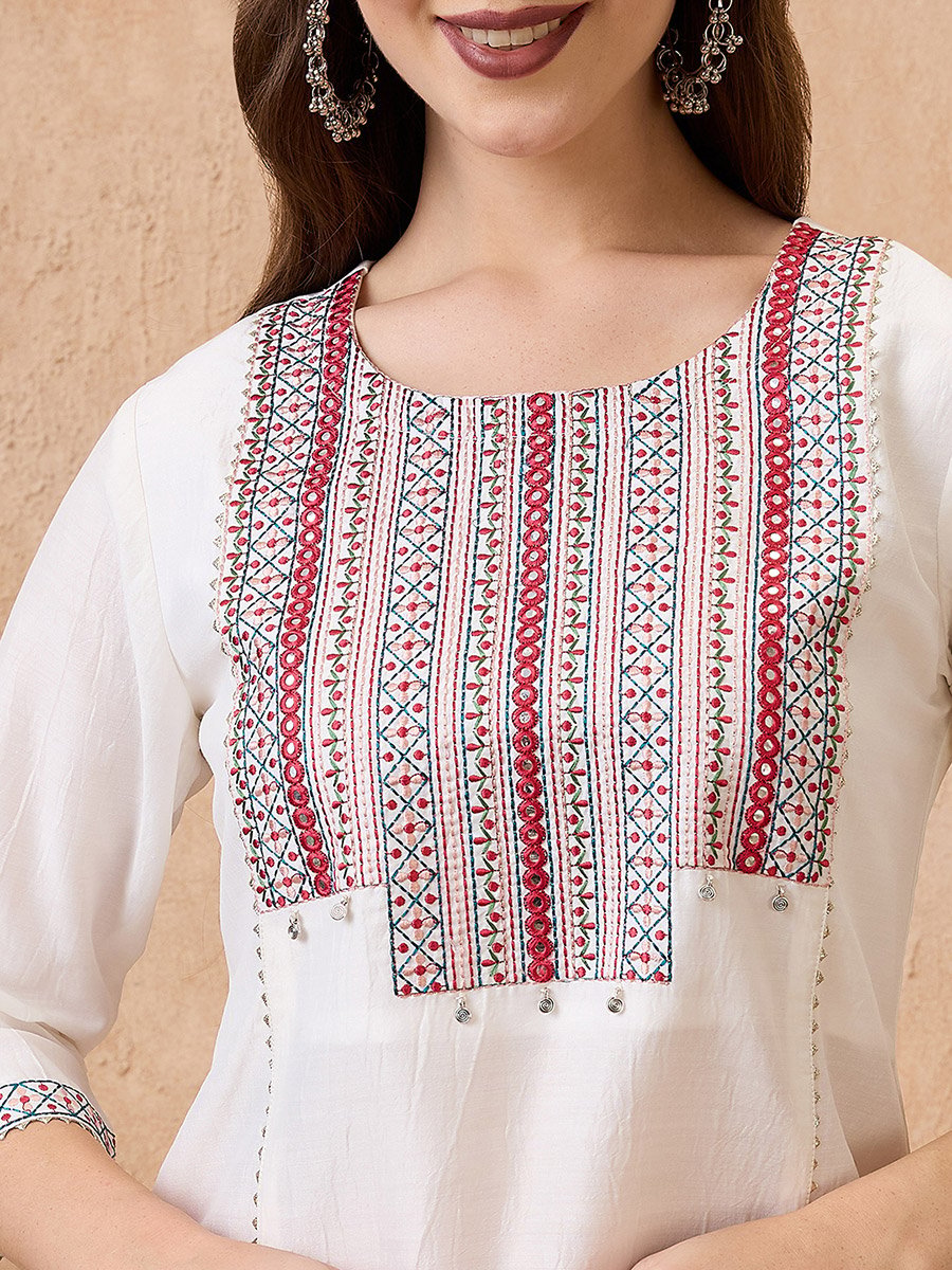Embroidered Yoke Straight Kurta, Pants and Dupatta Ethnic Set