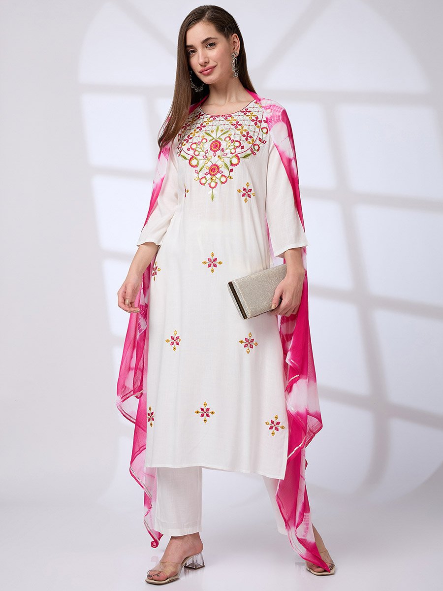 Embroidered Yoke Kurta, Pants and Tie-Dye Gotta Lace Dupatta Workwear Set