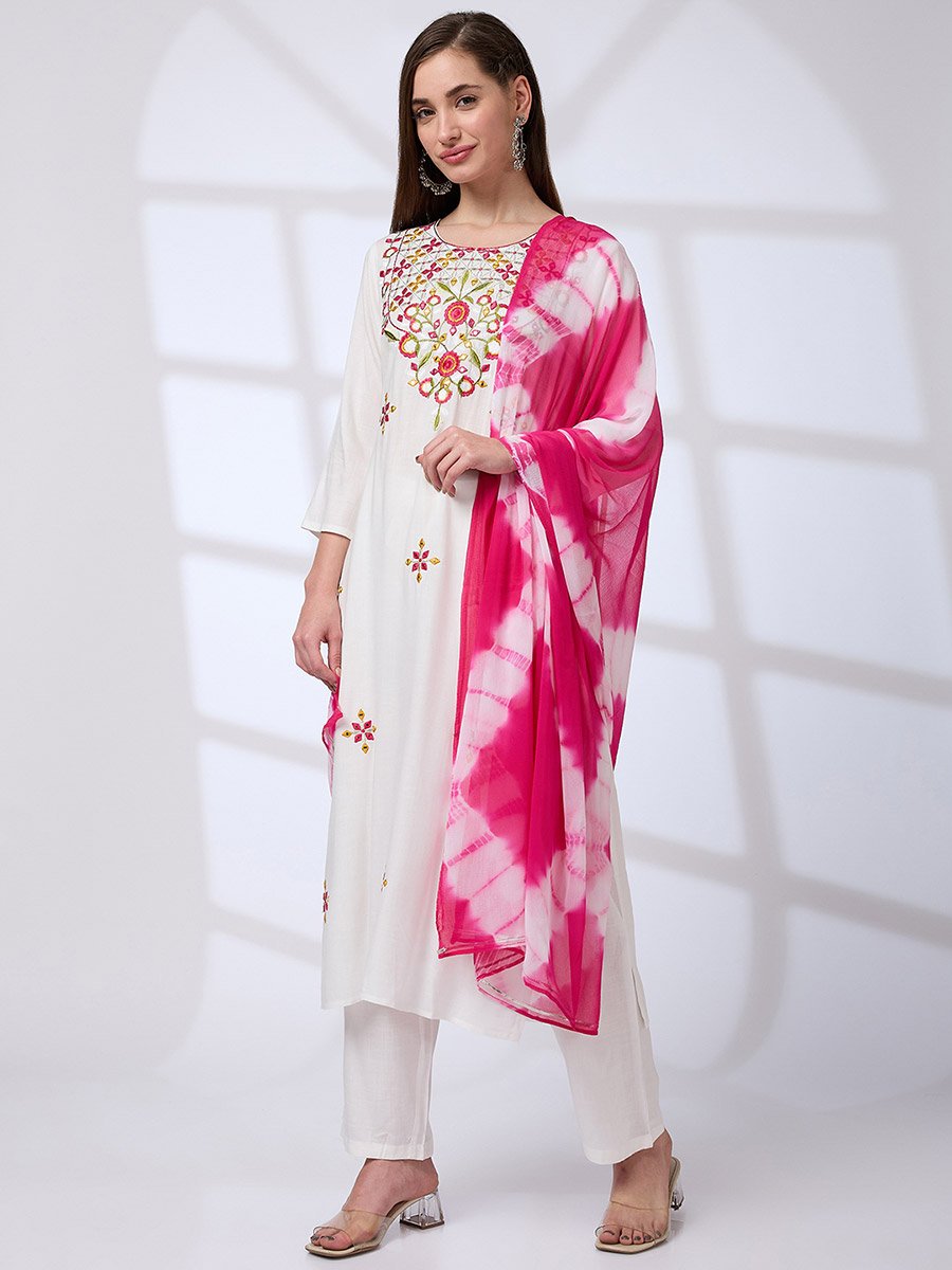 Embroidered Yoke Kurta, Pants and Tie-Dye Gotta Lace Dupatta Workwear Set