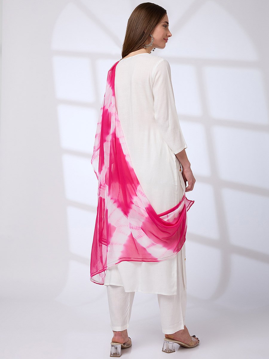 Embroidered Yoke Kurta, Pants and Tie-Dye Gotta Lace Dupatta Workwear Set