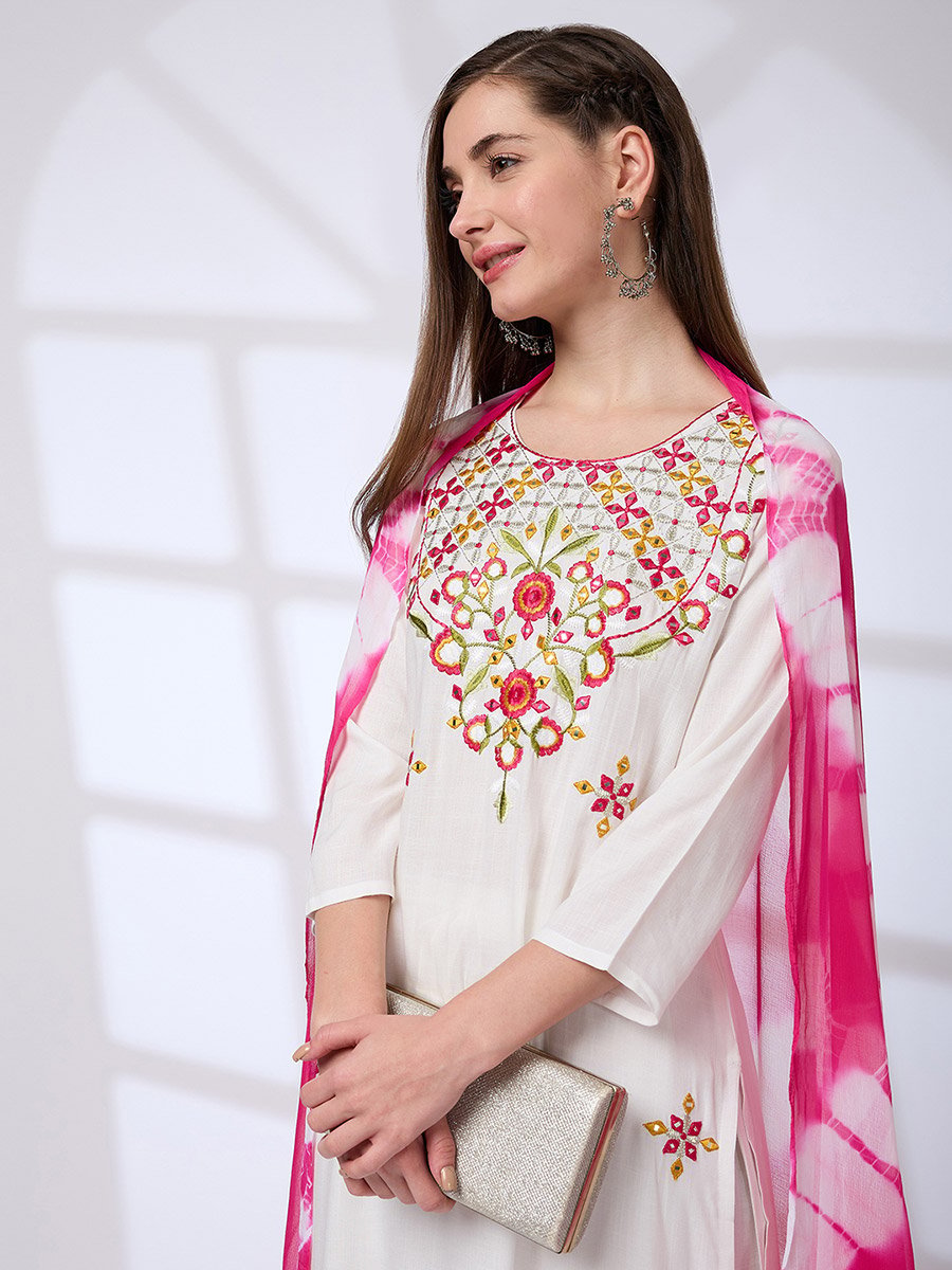Embroidered Yoke Kurta, Pants and Tie-Dye Gotta Lace Dupatta Workwear Set