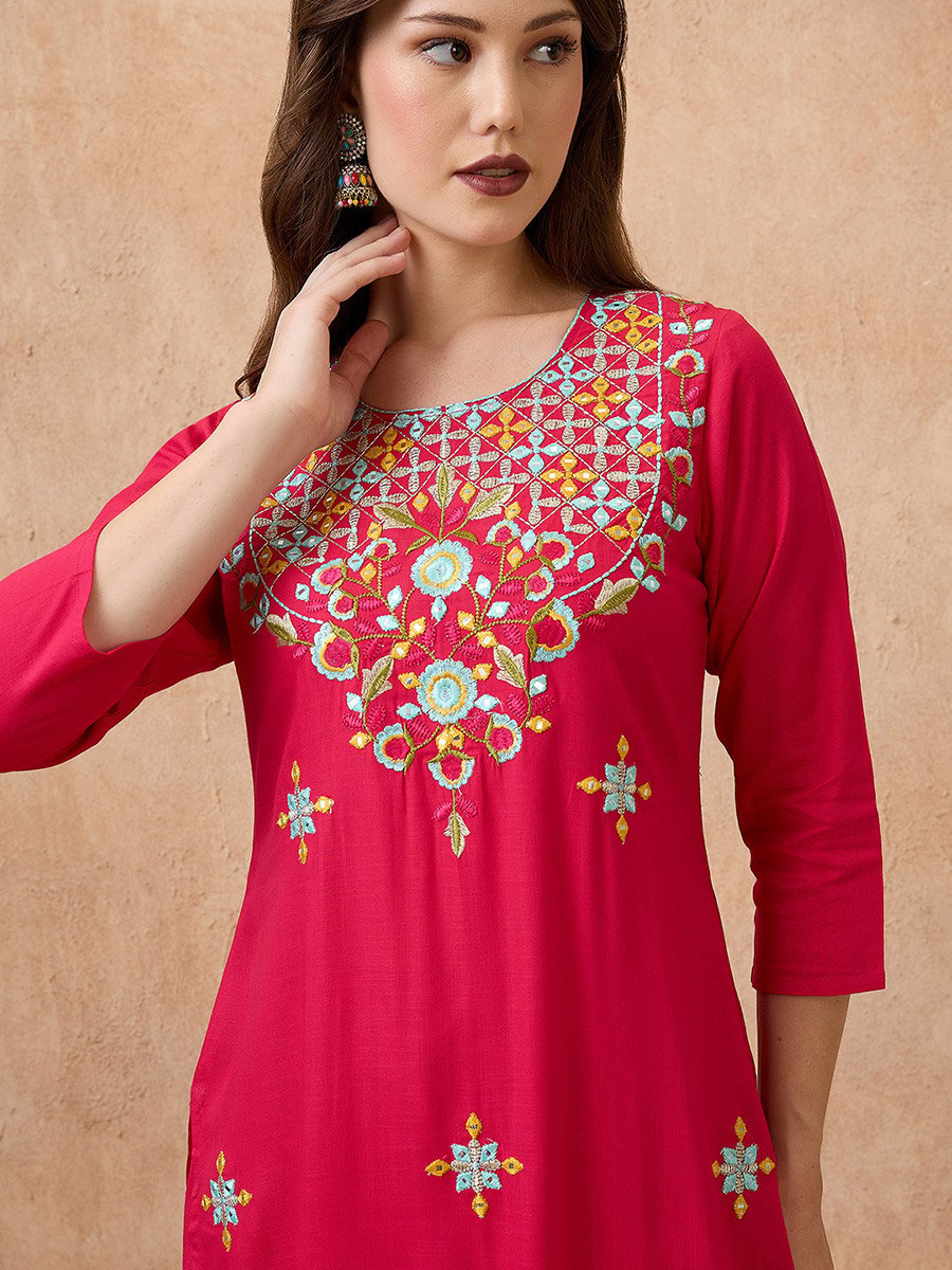 Pink Round Neck Floral Embroidered Straight Kurta with Pant and Tie-Die Dupatta Set