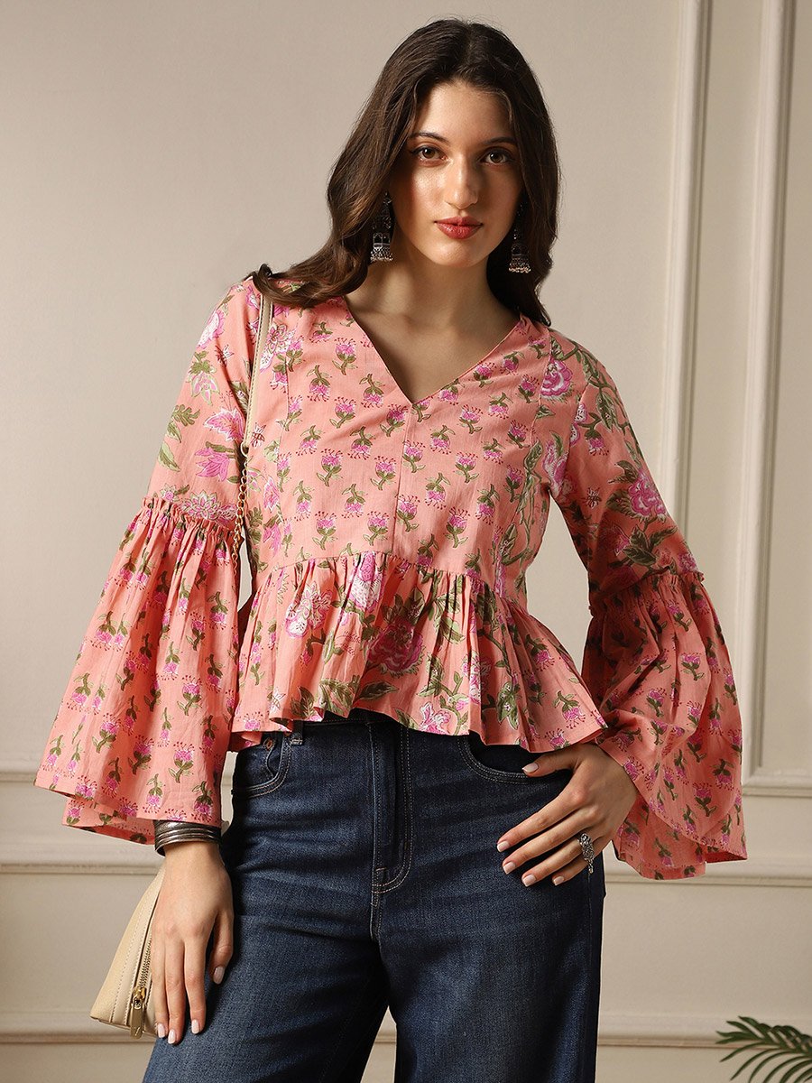 Bell Sleeves Floral Print Paneled Peplum Tunic