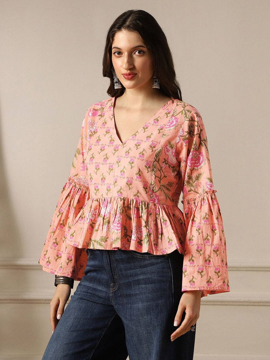 Bell Sleeves Floral Print Paneled Peplum Tunic