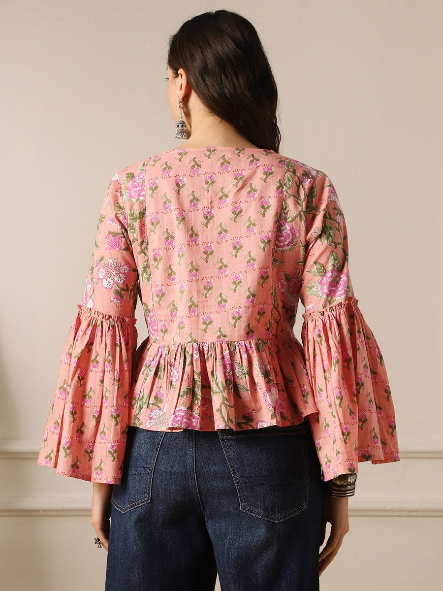 Bell Sleeves Floral Print Paneled Peplum Tunic