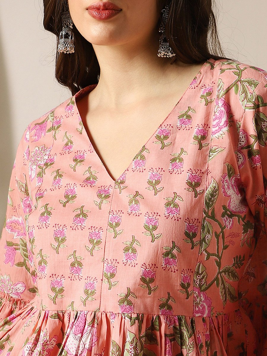 Bell Sleeves Floral Print Paneled Peplum Tunic