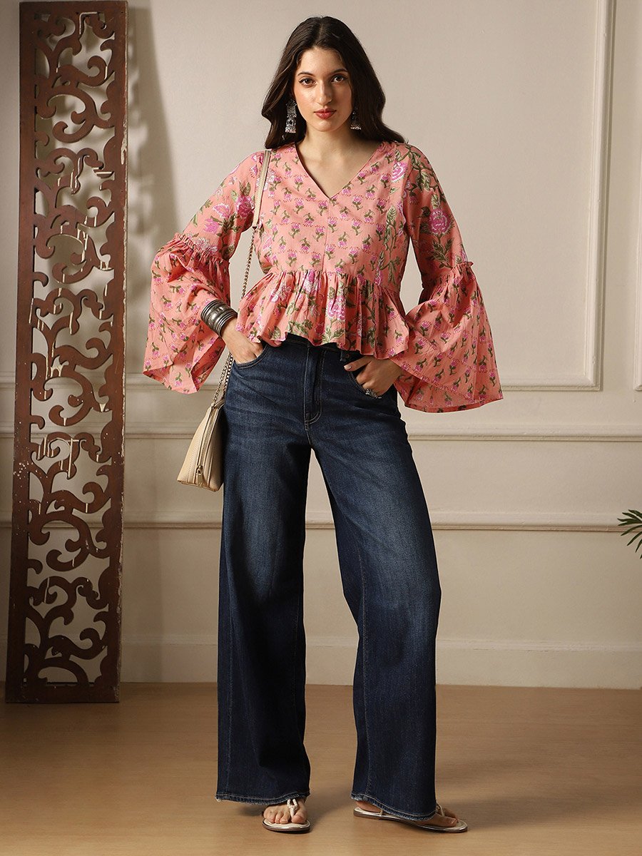 Bell Sleeves Floral Print Paneled Peplum Tunic