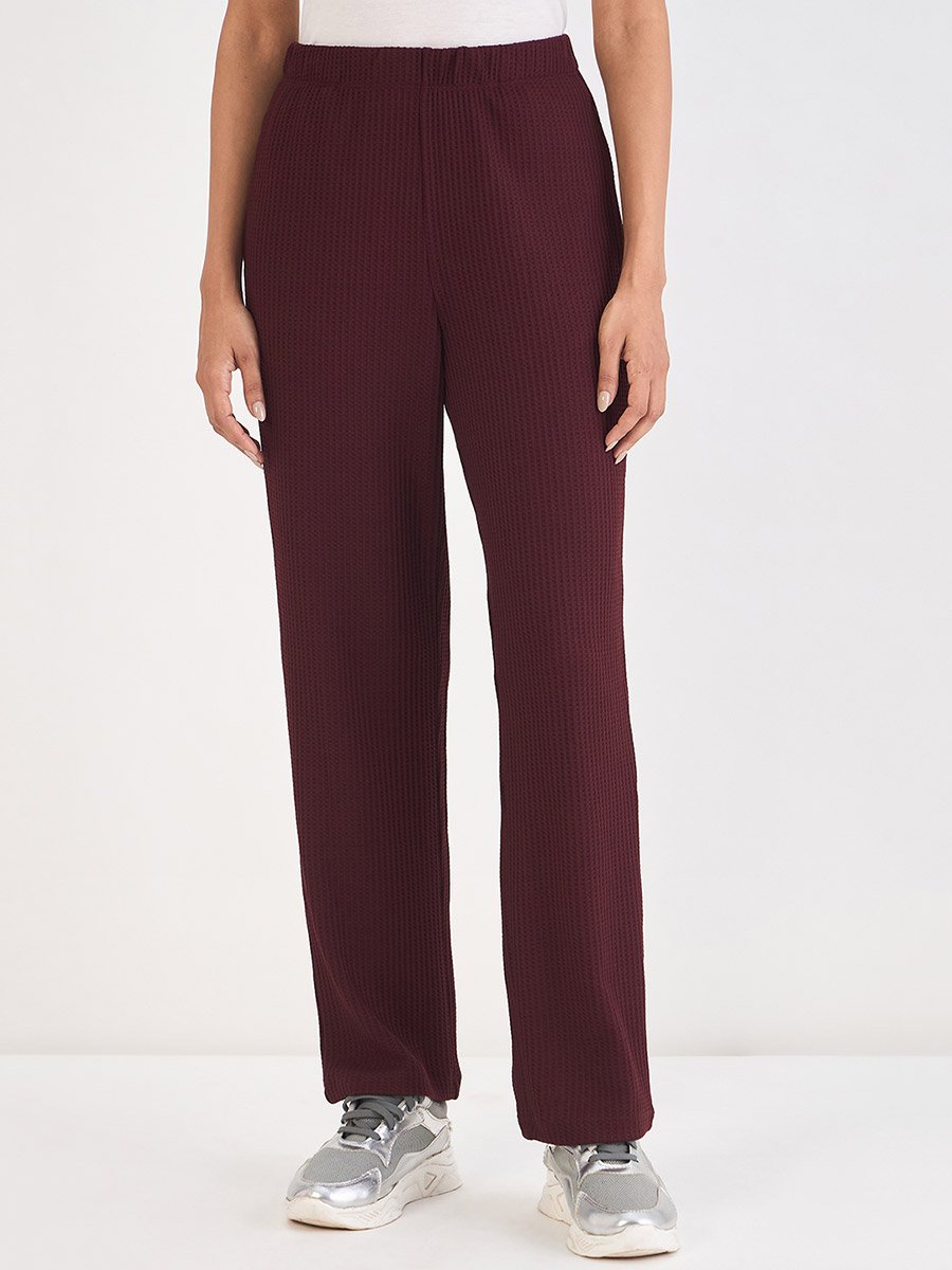 Women Wine Waffle Knit Trousers