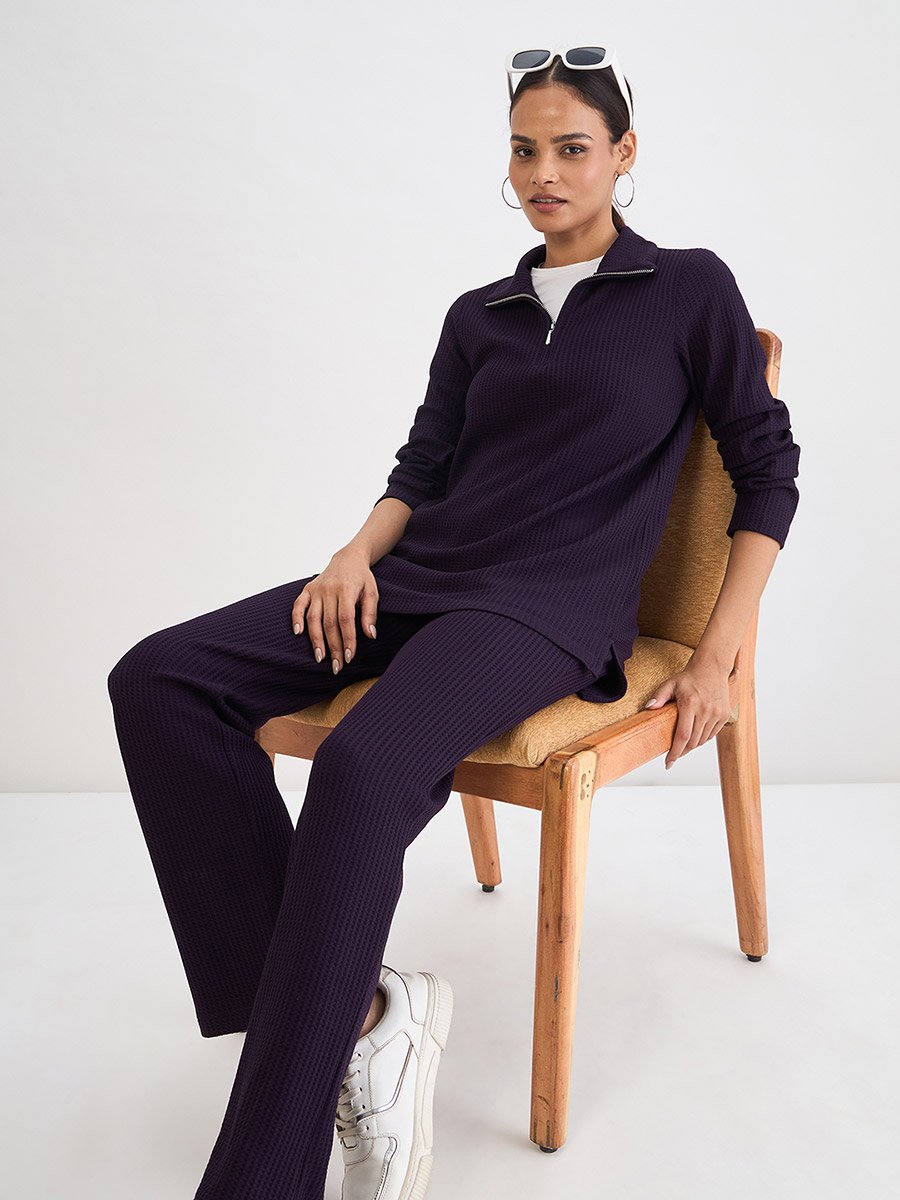 Women Dark Purple Waffle Knit Trousers