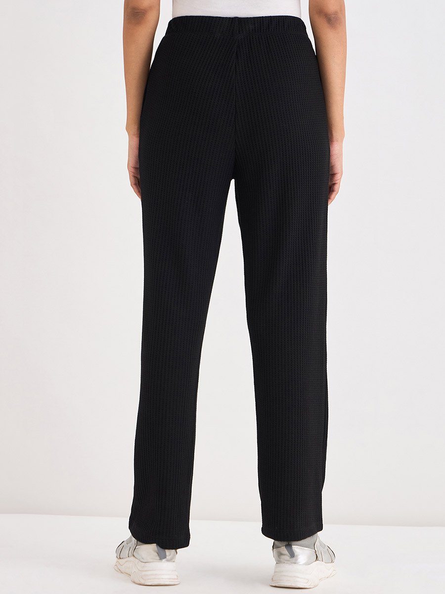 Women Black Waffle Knit Trousers