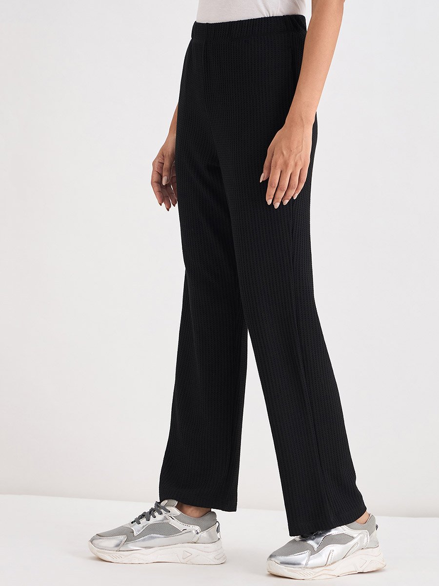 Women Black Waffle Knit Trousers