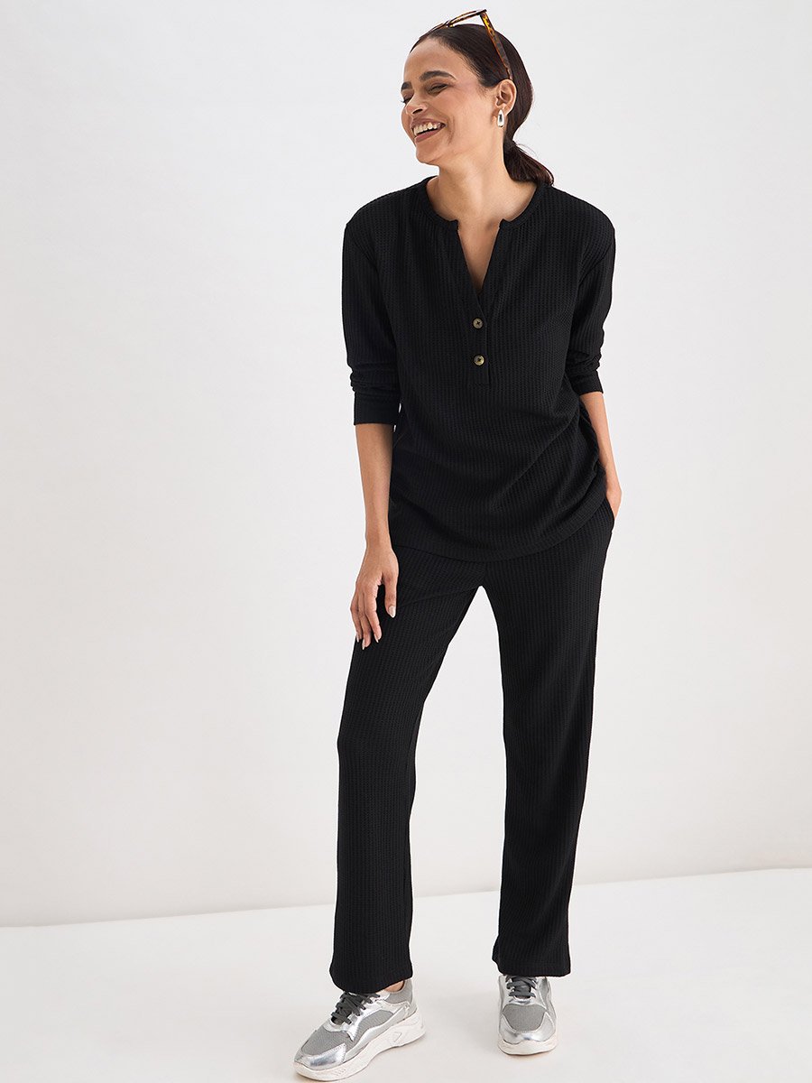 Women Black Waffle Knit Trousers