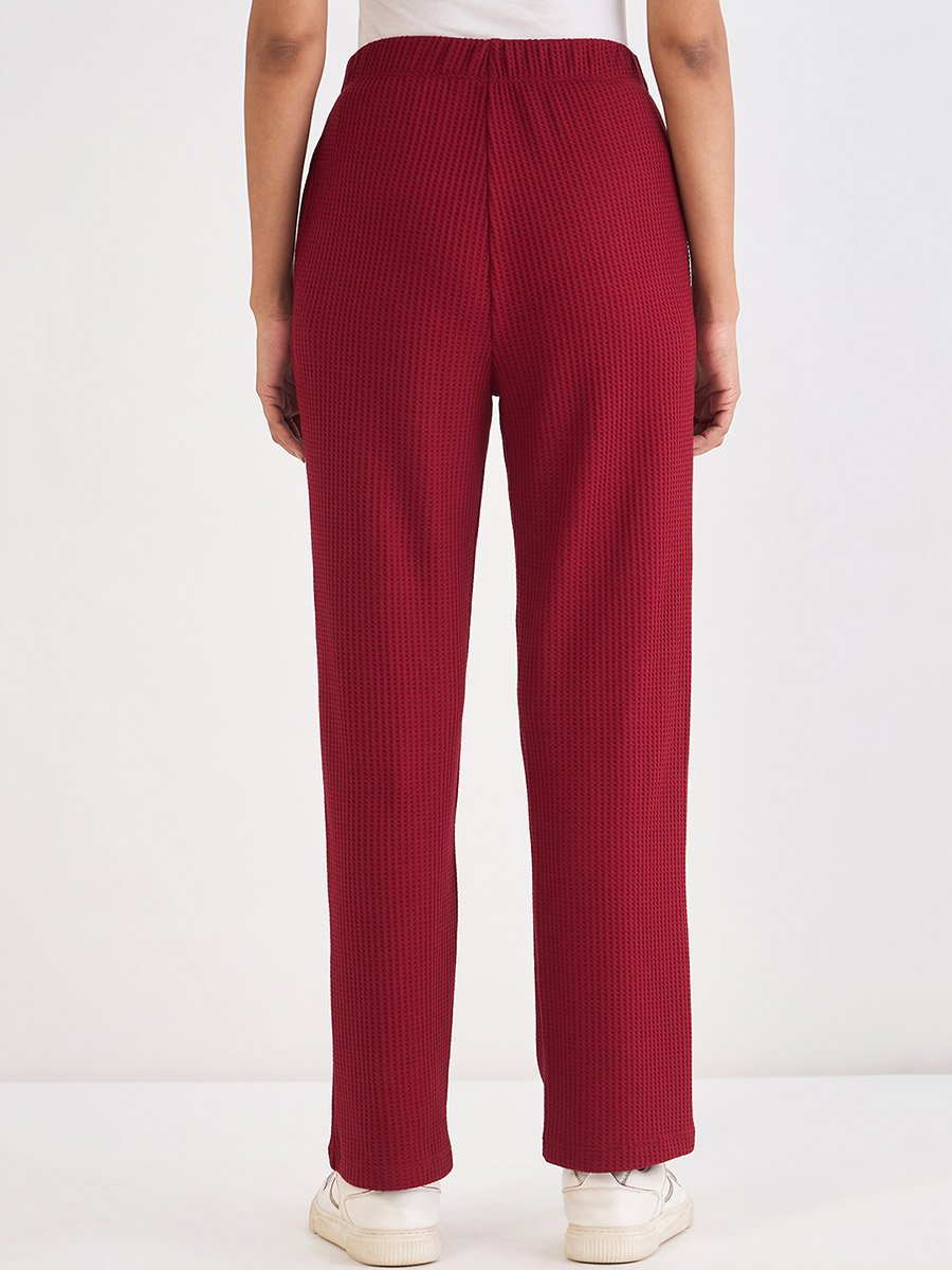 Women Red Waffle Knit Trousers