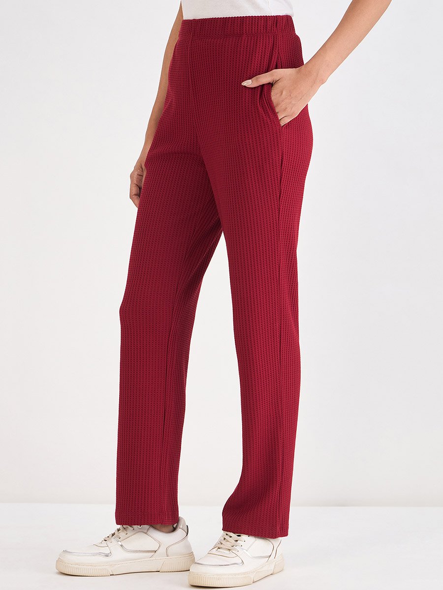 Women Red Waffle Knit Trousers