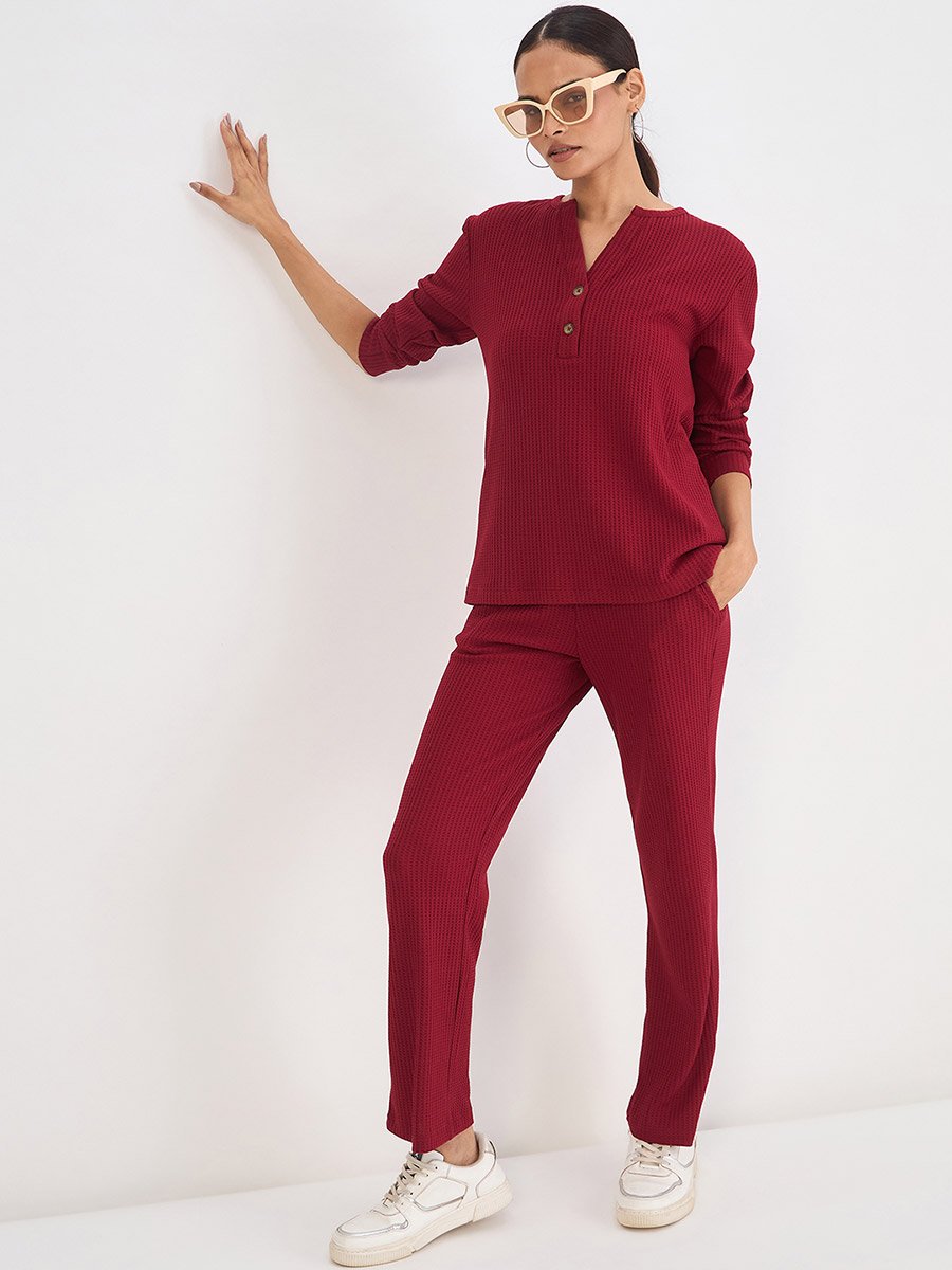 Women Red Waffle Knit Trousers