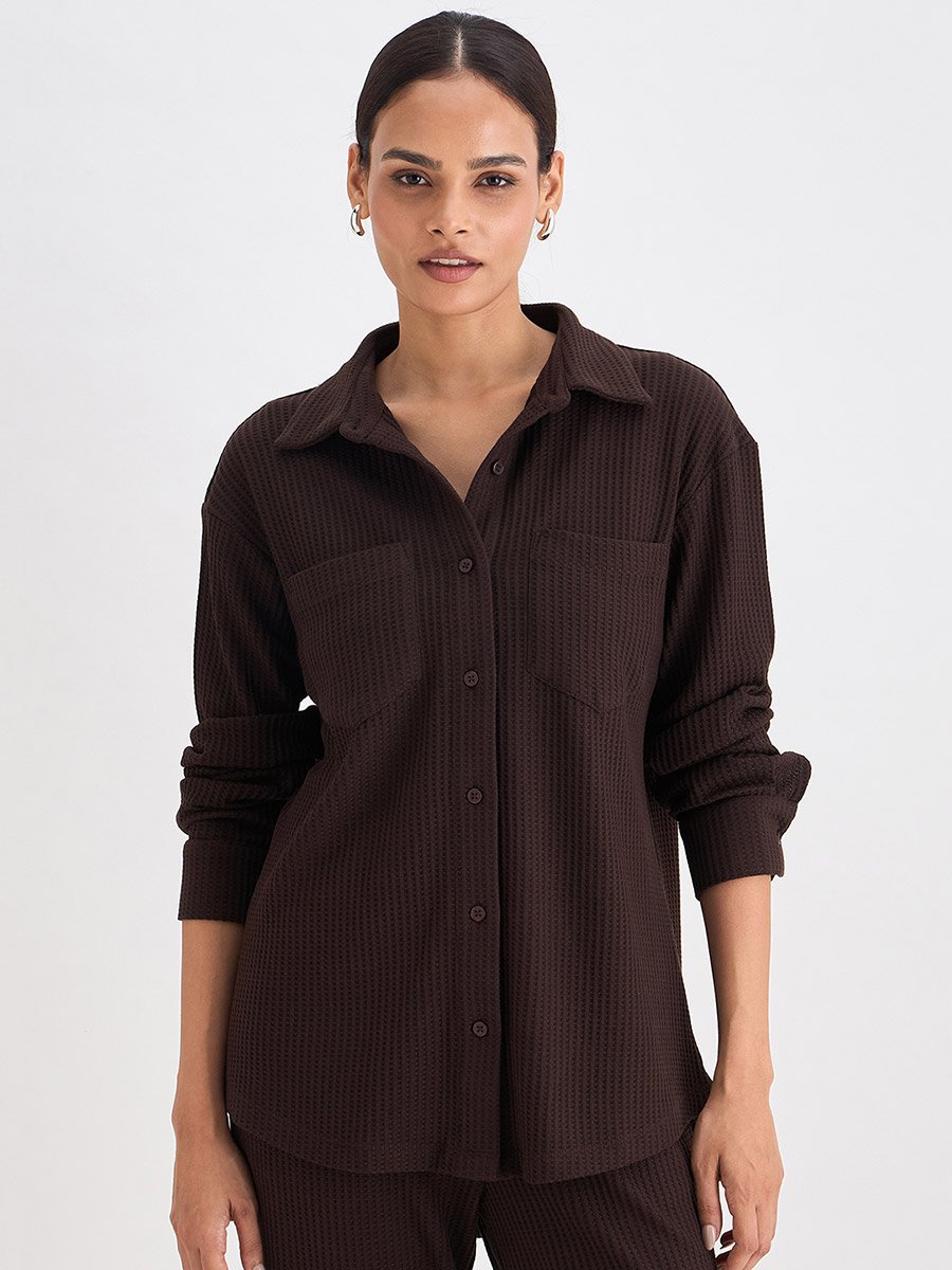 Women Coffee Brown Waffle Knit Button Down Shirt