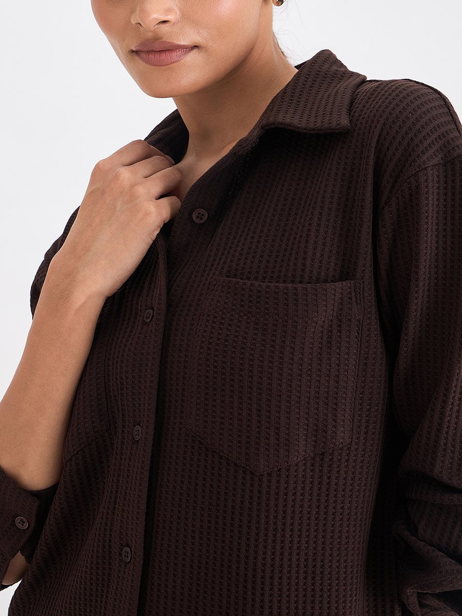 Women Coffee Brown Waffle Knit Button Down Shirt