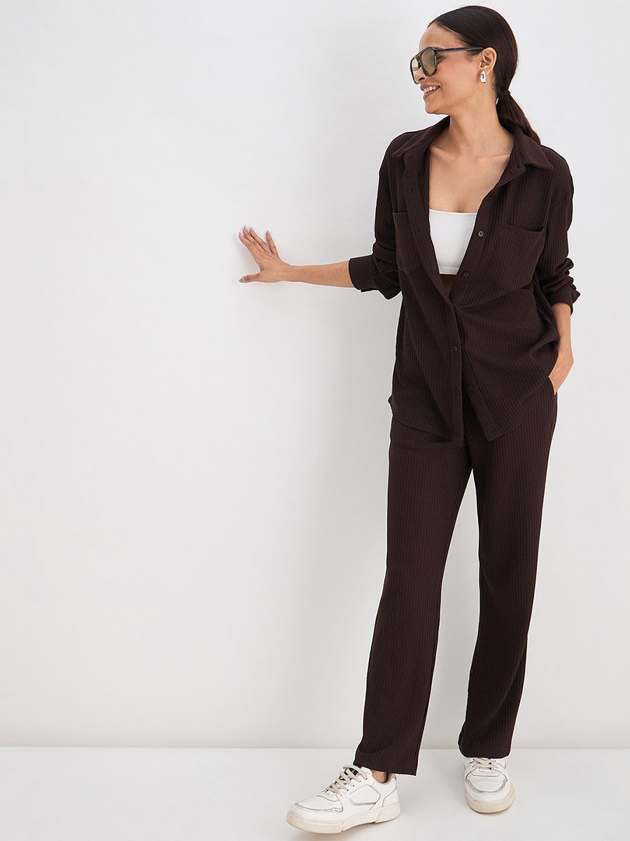 Women Coffee Brown Waffle Knit Button Down Shirt