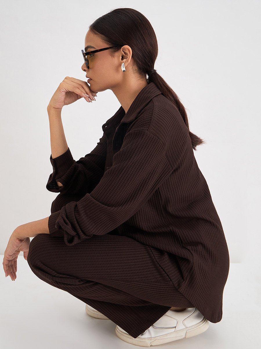 Women Coffee Brown Waffle Knit Button Down Shirt